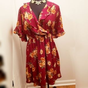 Plus Size Burgundy Cold Shoulder V-neck Dress  2X